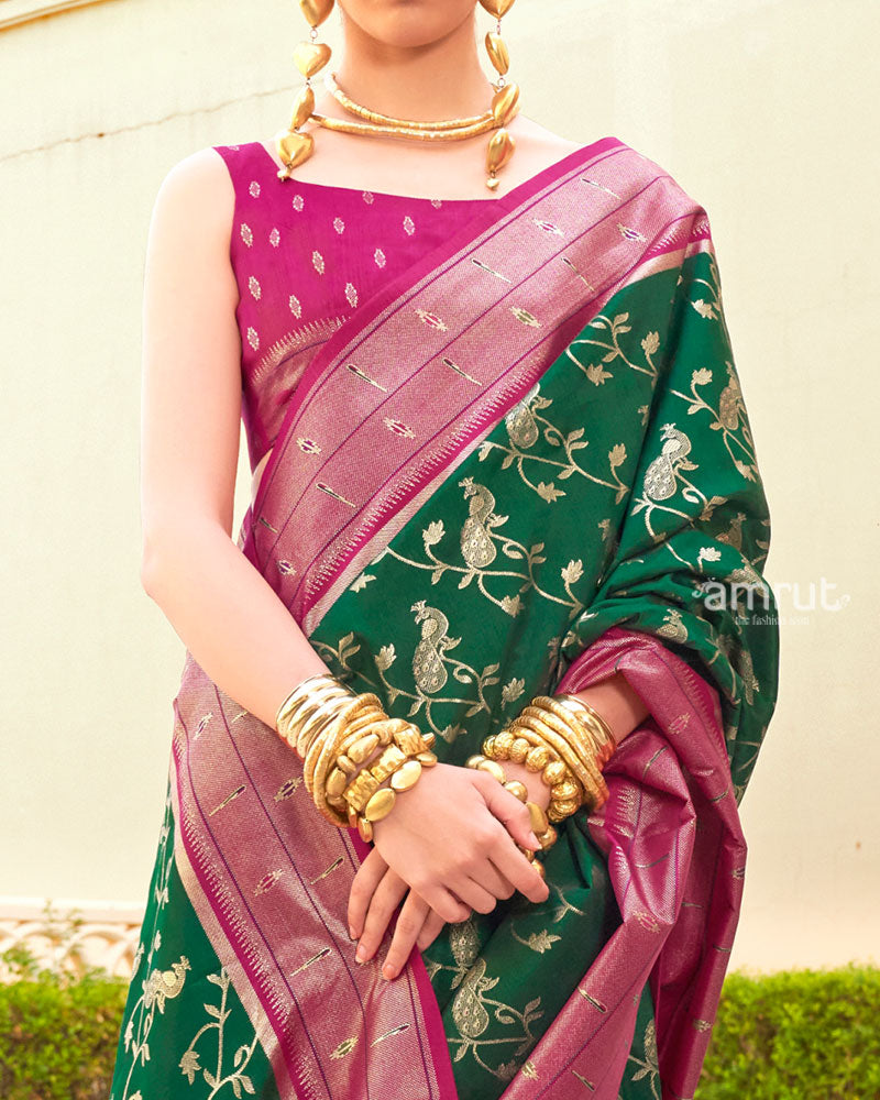 Dark Green and Pink contrast Border Zari weaving Paithani Silk Saree with Unstitched Blouse 03