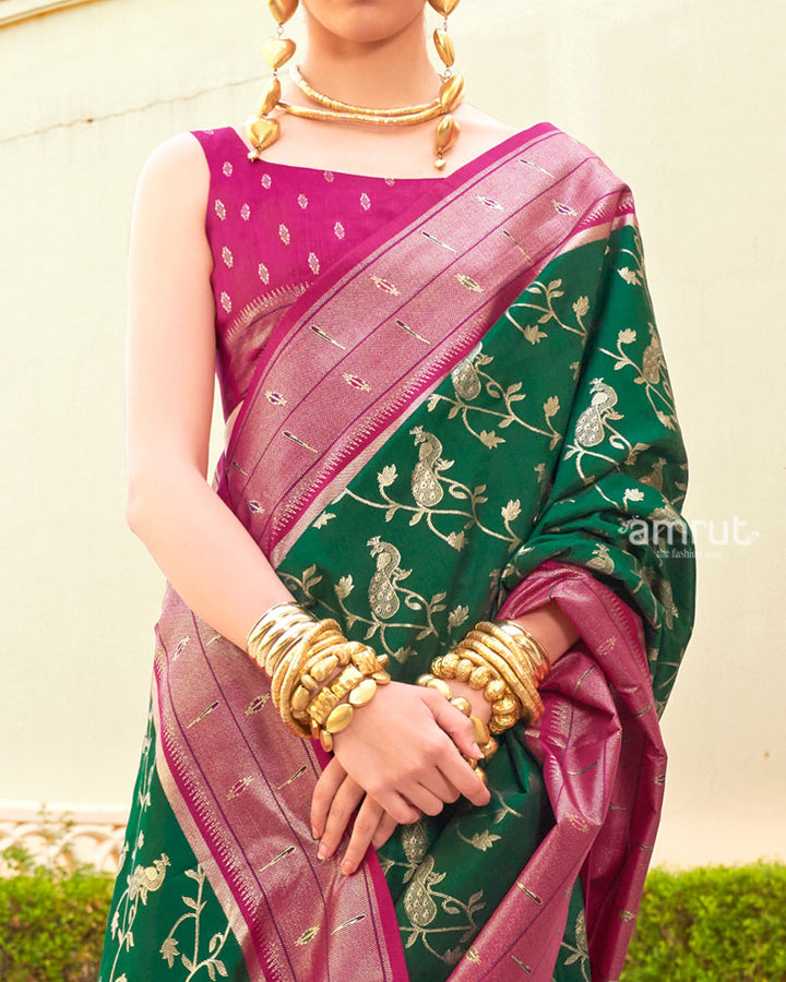 Dark Green and Pink contrast Border Zari weaving Paithani Silk Saree with Unstitched Blouse 03