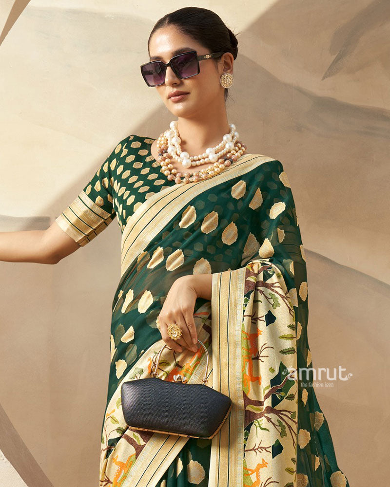 Dark Green with Golden Polka Dots Nature Inspired Print Border Georgette Saree and Unstitched Blouse 02
