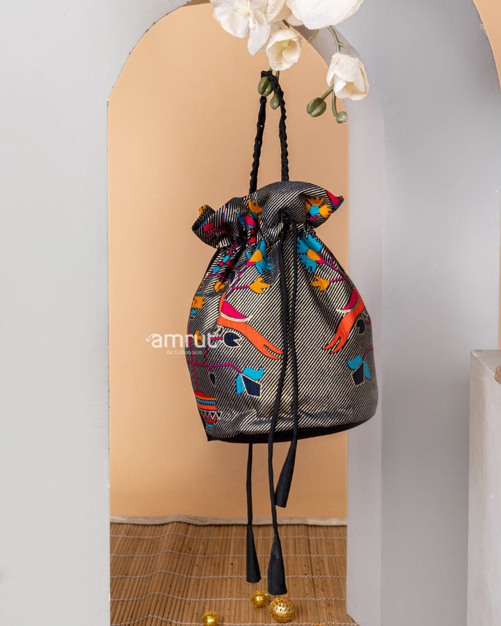 Dark Grey Designer Potli Bag for Women In Cotton Silk