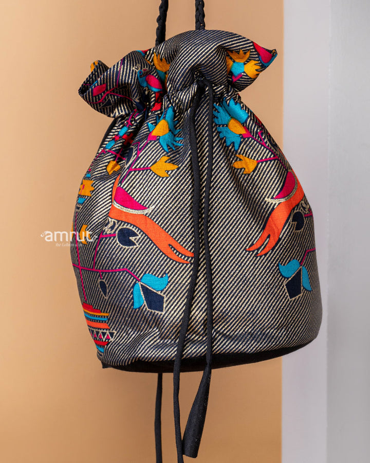 Dark Grey Designer Potli Bag for Women In Cotton Silk
