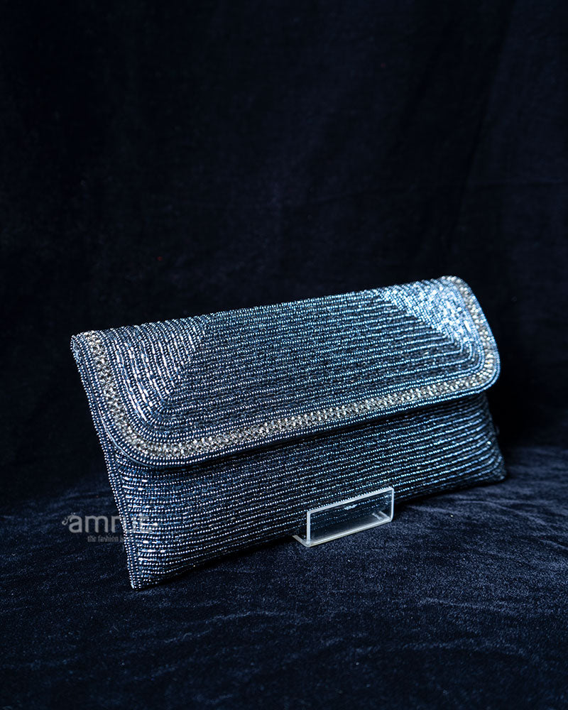 Dark Navy Blue Beaded with Rhinestone Border Clutch 01