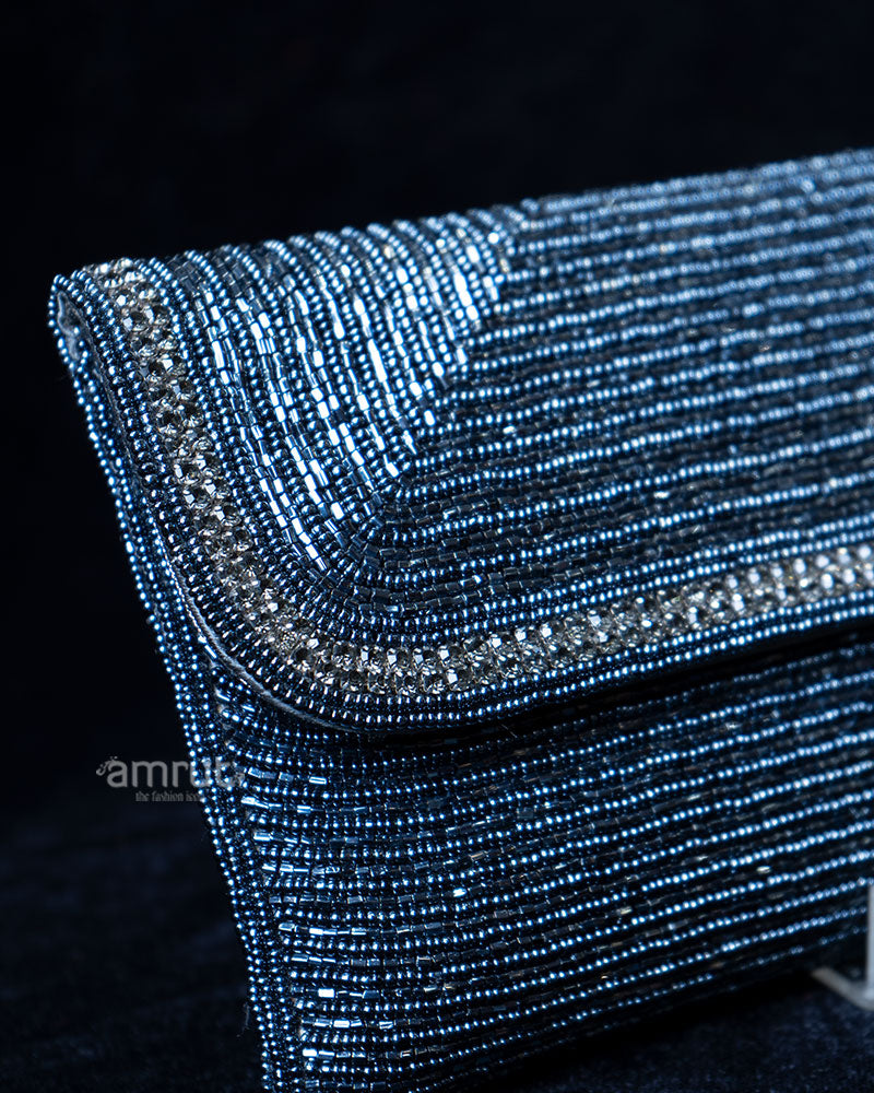 Dark Navy Blue Beaded with Rhinestone Border Clutch 02