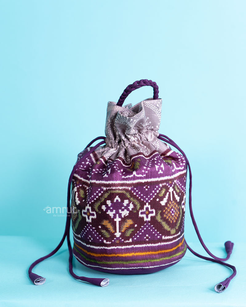 Dark Purple Cotton Silk Printed Potli Bag for Women 01