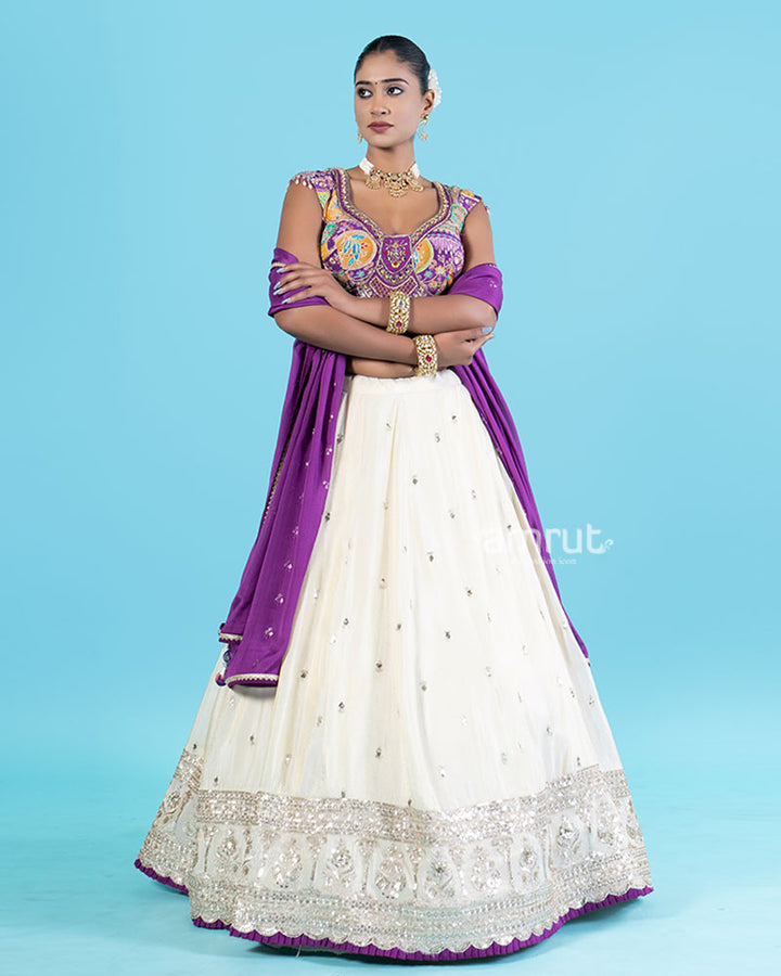 Dark Purple Embroidered Choli with Light Cream Lehenga and Purple Dupatta 04