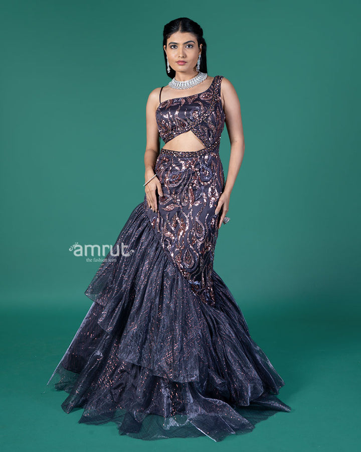 Dark Purple Sequined Tiered Mermaid Gown 01