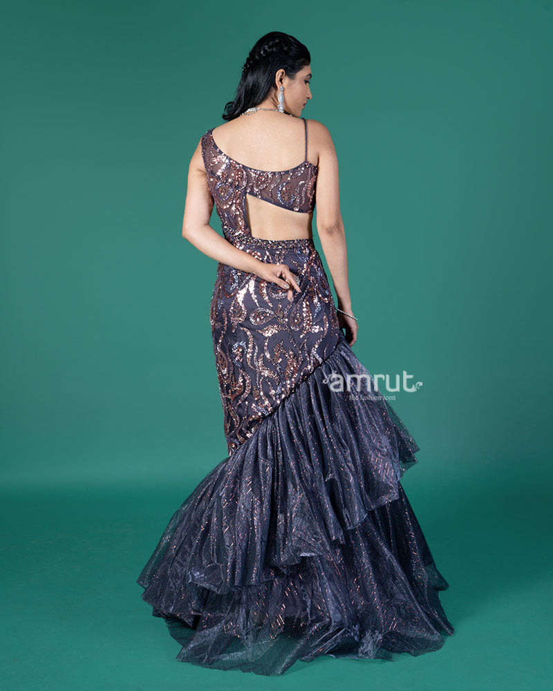 Dark Purple Sequined Tiered Mermaid Gown 04