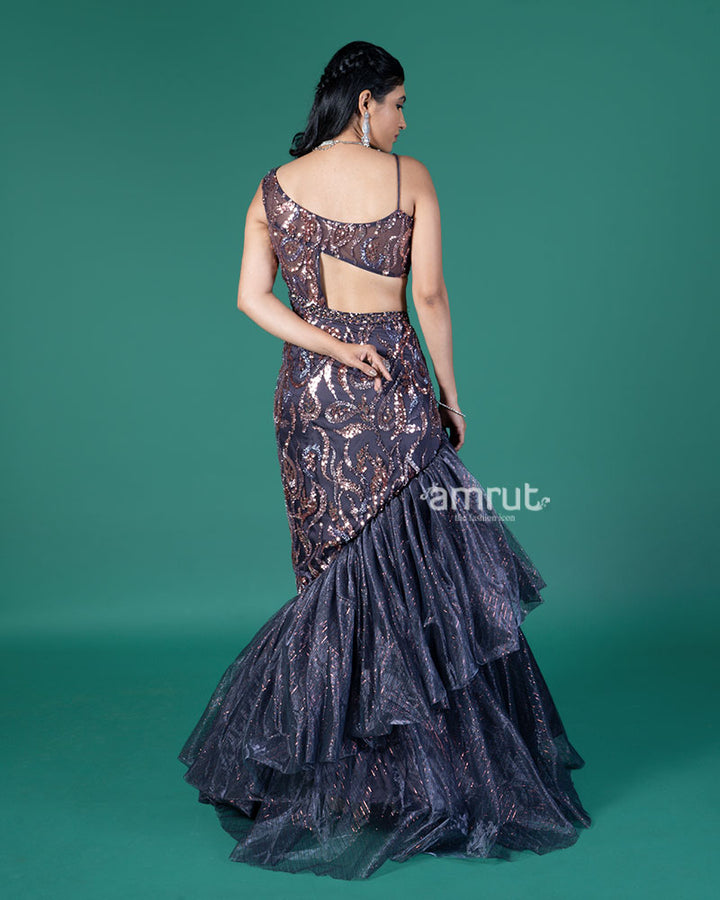 Dark Purple Sequined Tiered Mermaid Gown 04