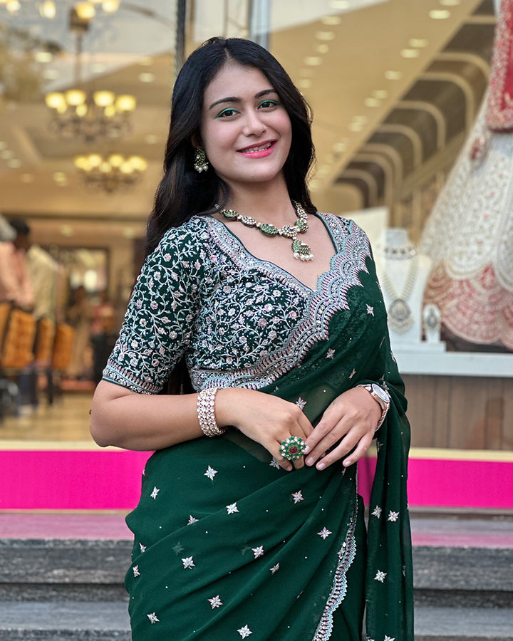 Deep Green Embroidered Georgette Saree With Stitched Blouse