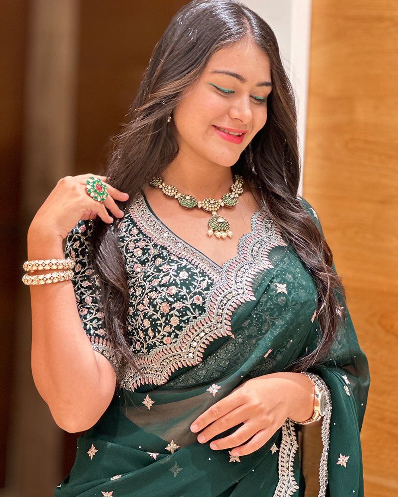 Deep Green Embroidered Georgette Saree With Stitched Blouse