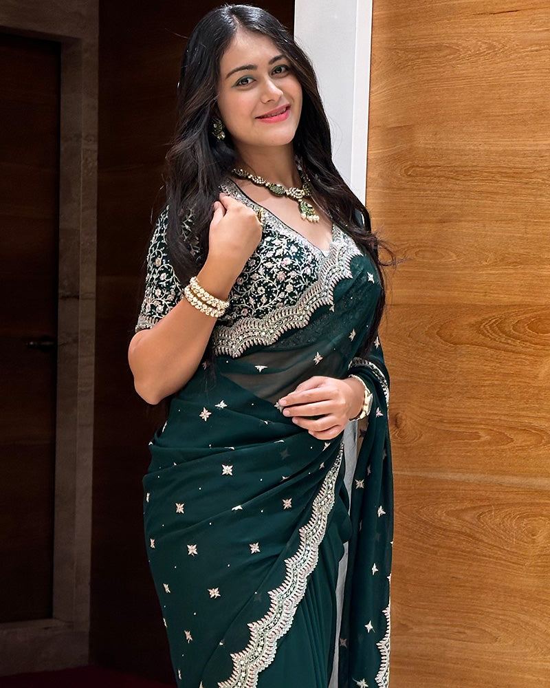 Deep Green Embroidered Georgette Saree With Stitched Blouse