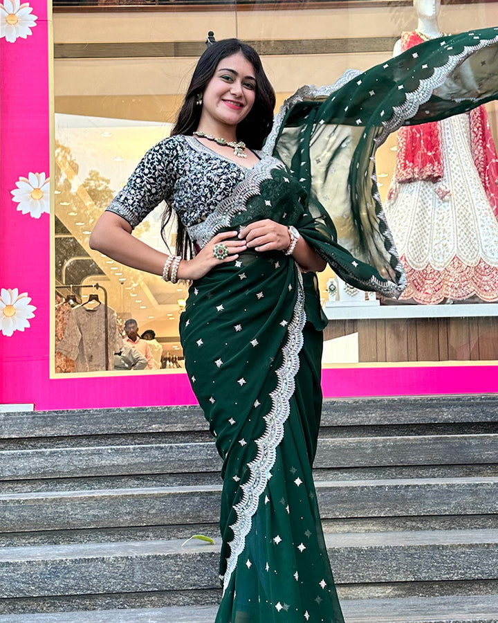 Deep Green Embroidered Georgette Saree With Stitched Blouse