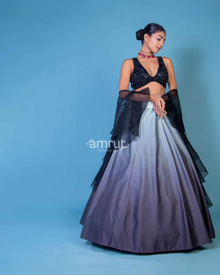 Deep Black Ombre Lehenga Set with Sequins Detailed Blouse and Ruffled Dupatta