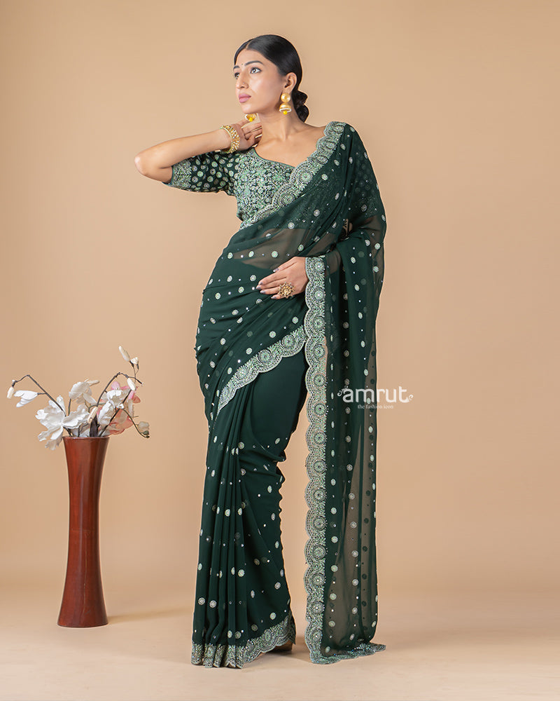 Deep Green Saree Georgette With Sequins Embroidered Stitched Blouse