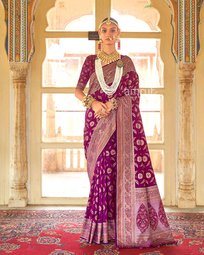 Deep Magenta Banarasi Saree with Print Work Art and Unstitched Blouse - AMRUT