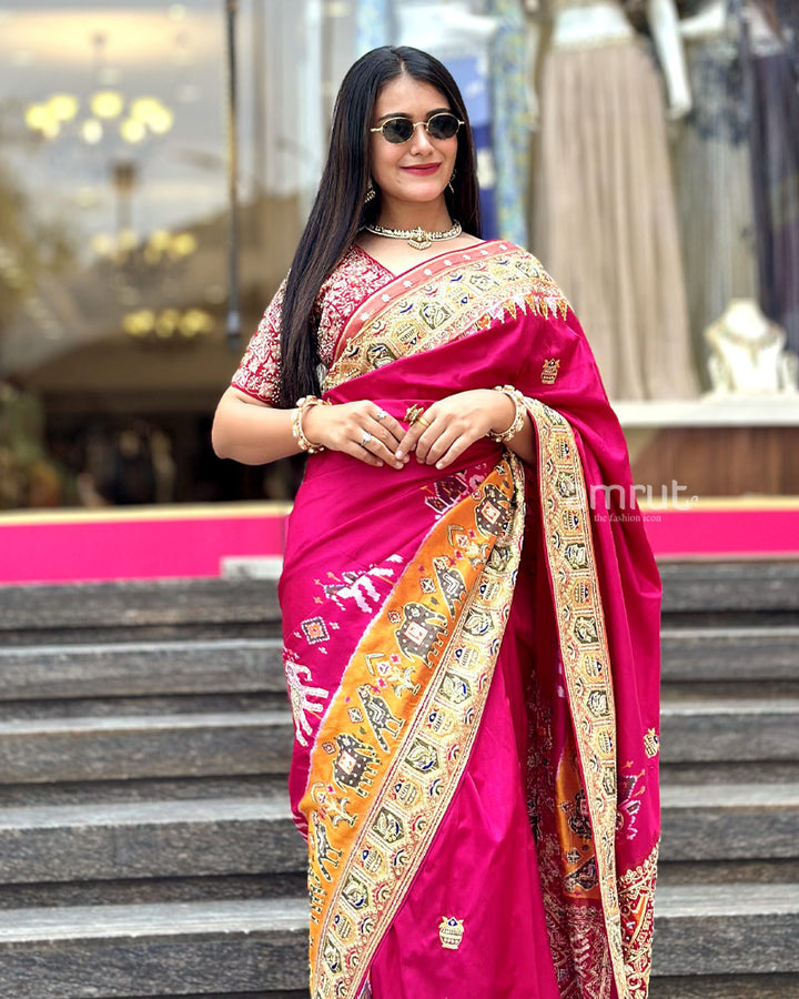 Deep Pink Elephant Motifs Pure Patola Sarees With Embroidered Pallu