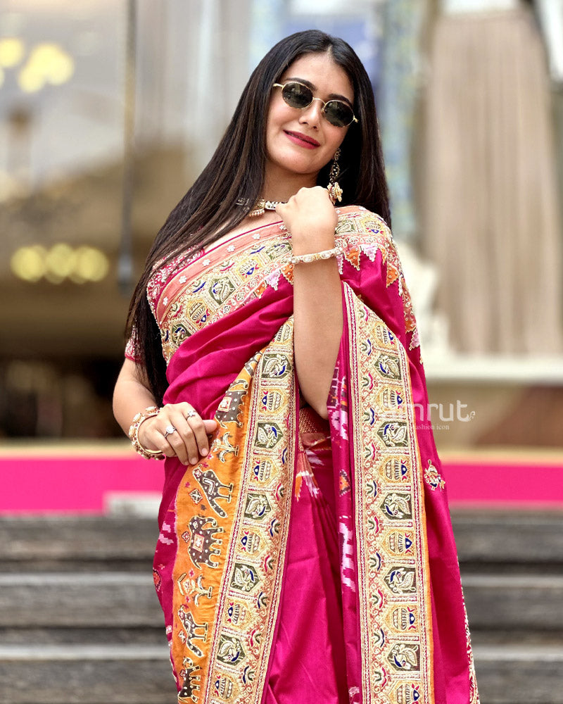 Deep Pink Elephant Motifs Pure Patola Sarees With Embroidered Pallu