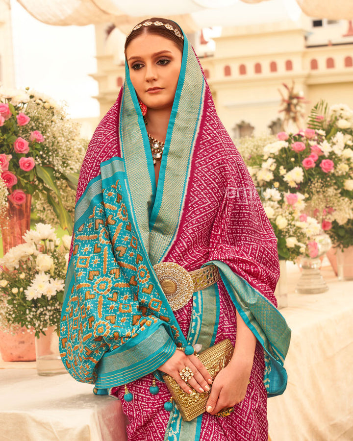 Deep Pink Silk Saree With Ikat Weave Printed Pallu