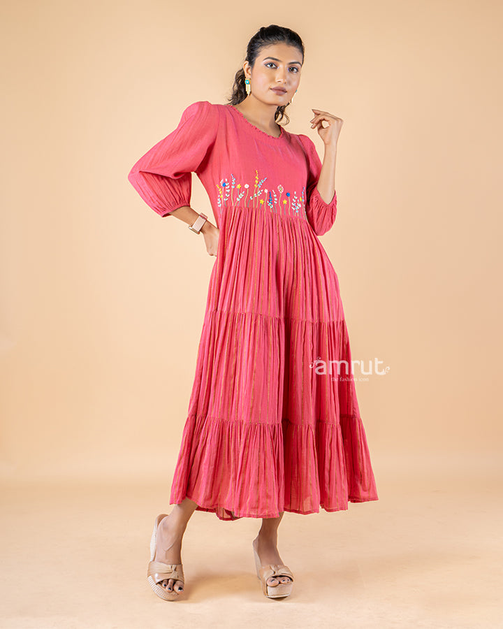 Deep Pink Thread Embroidered Layered Dress