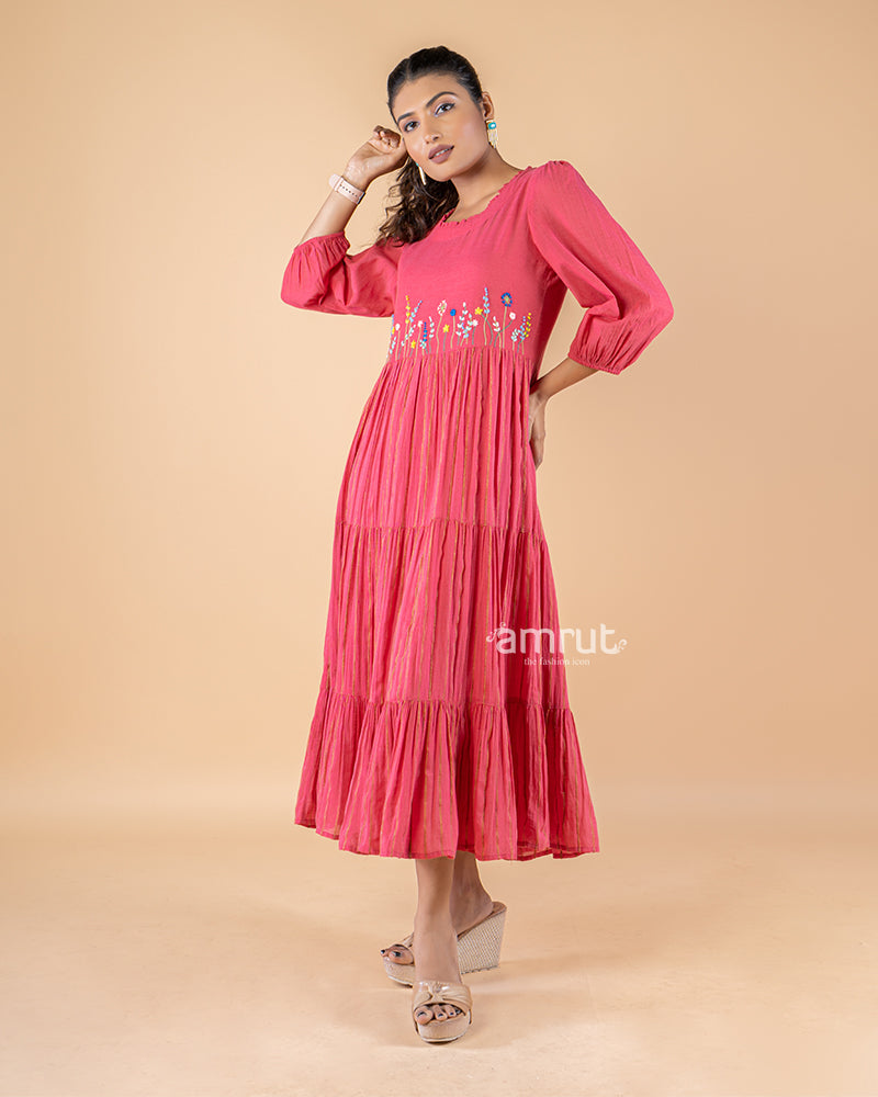 Deep Pink Thread Embroidered Layered Dress