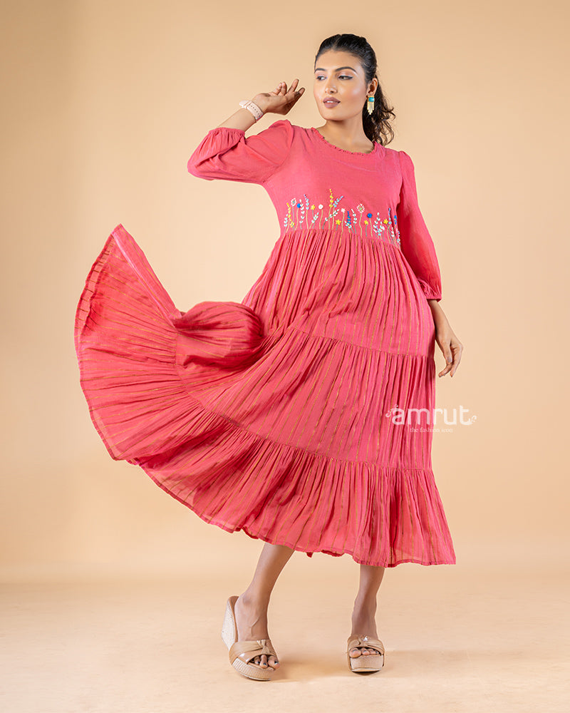 Deep Pink Thread Embroidered Layered Dress