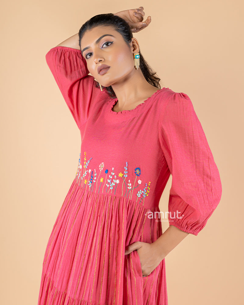 Deep Pink Thread Embroidered Layered Dress