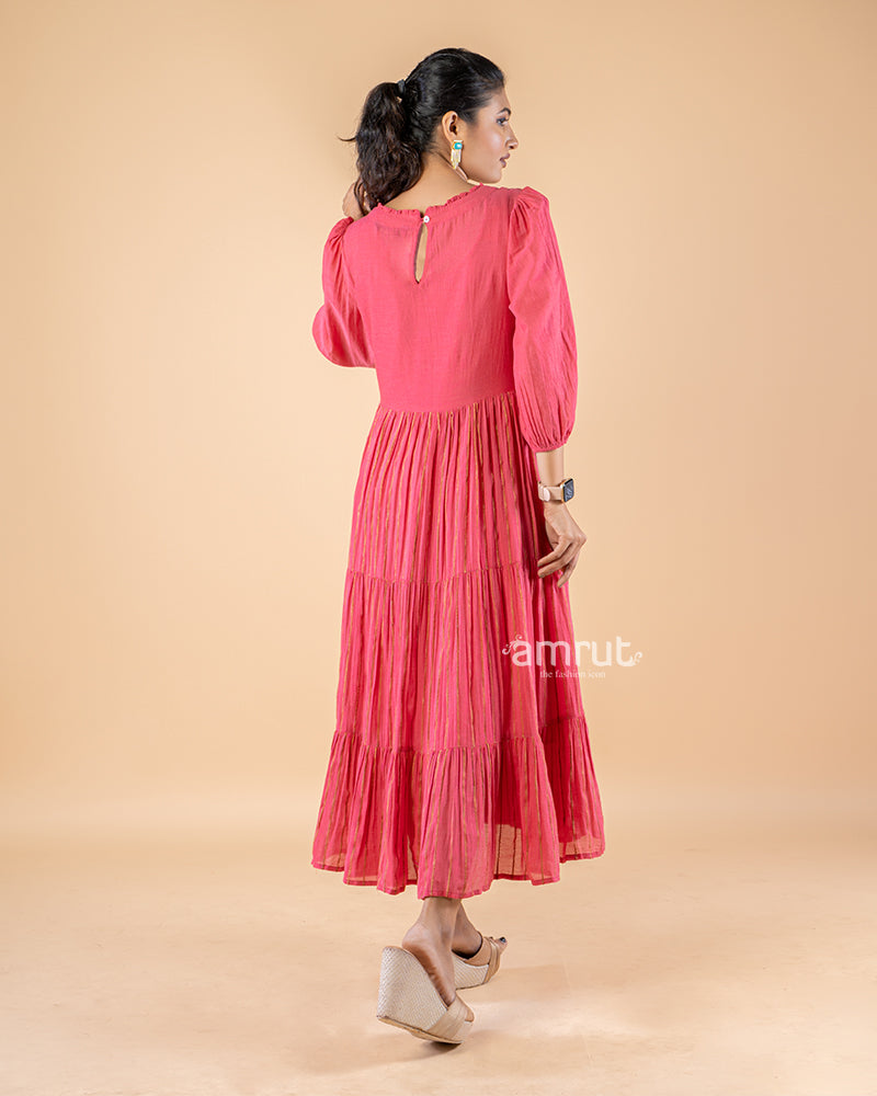 Deep Pink Thread Embroidered Layered Dress