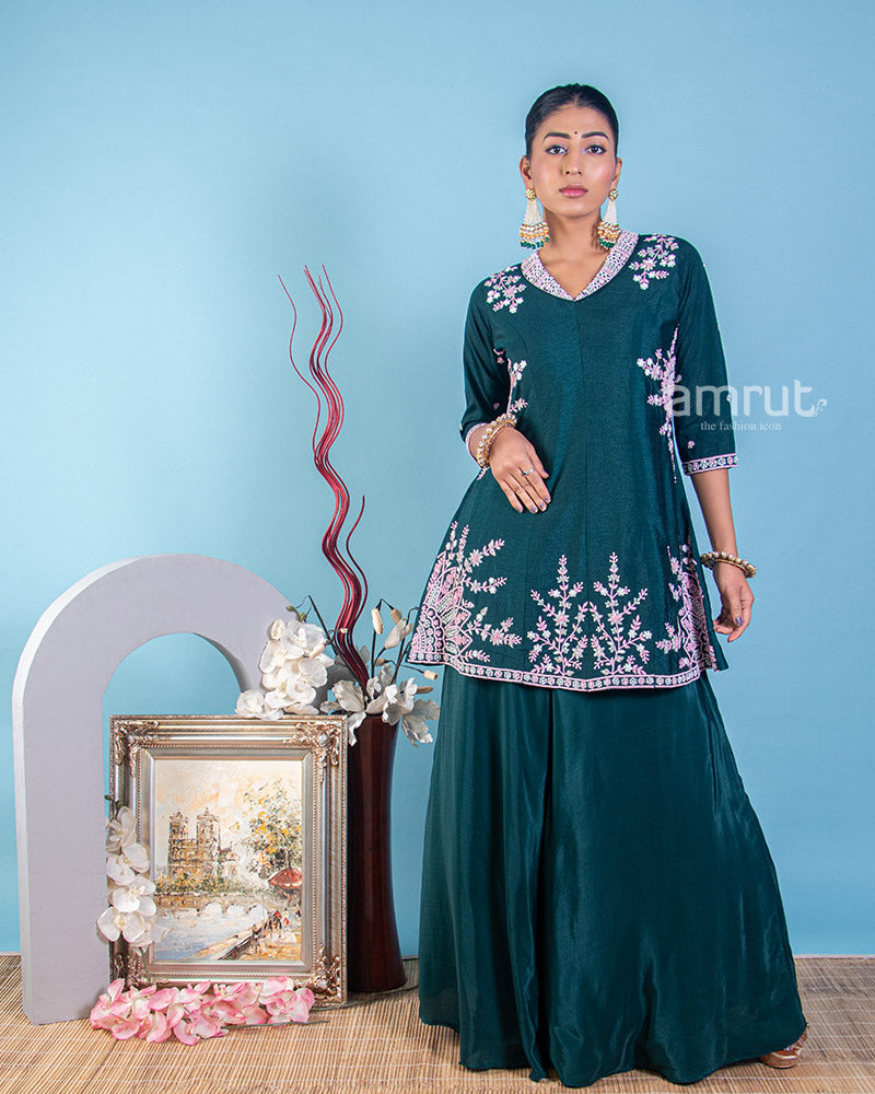 Deep Teal Blue Palazzo Suit in Satin with Beads and Thread Embroidered Buttis