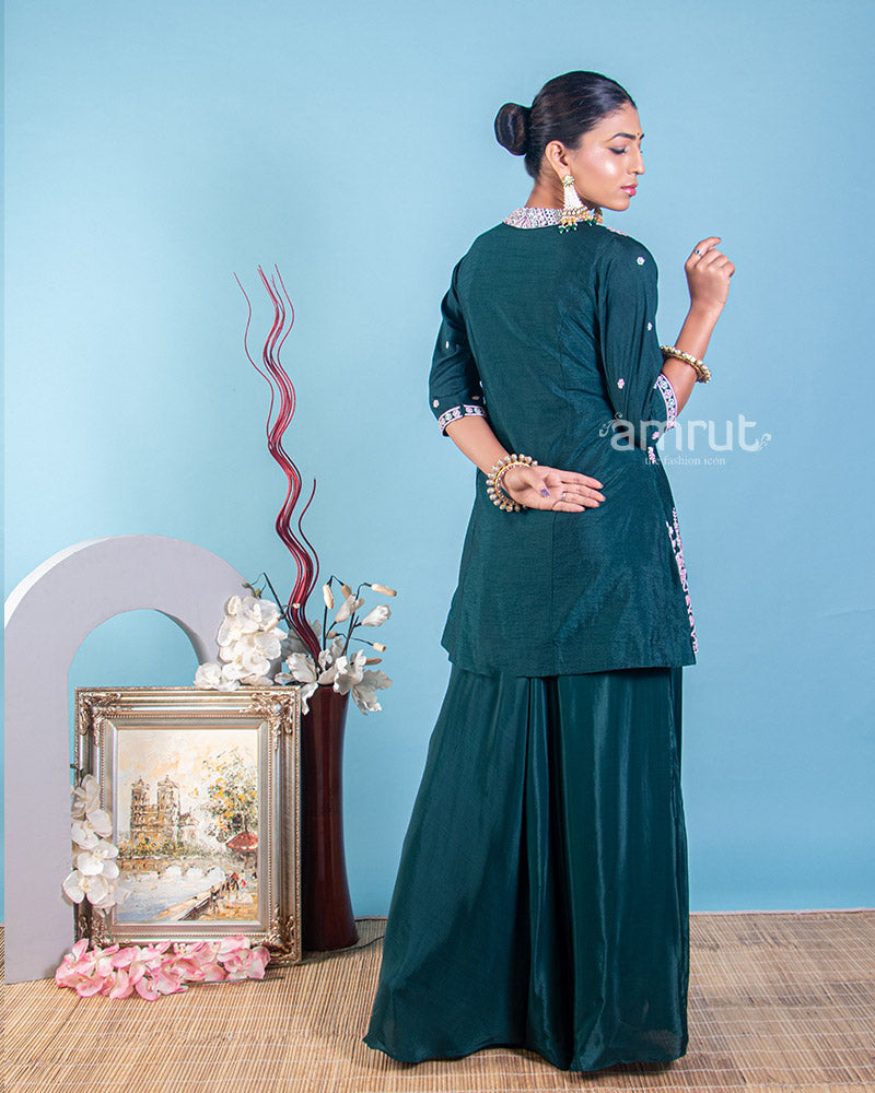 Deep Teal Blue Palazzo Suit in Satin with Beads and Thread Embroidered Buttis