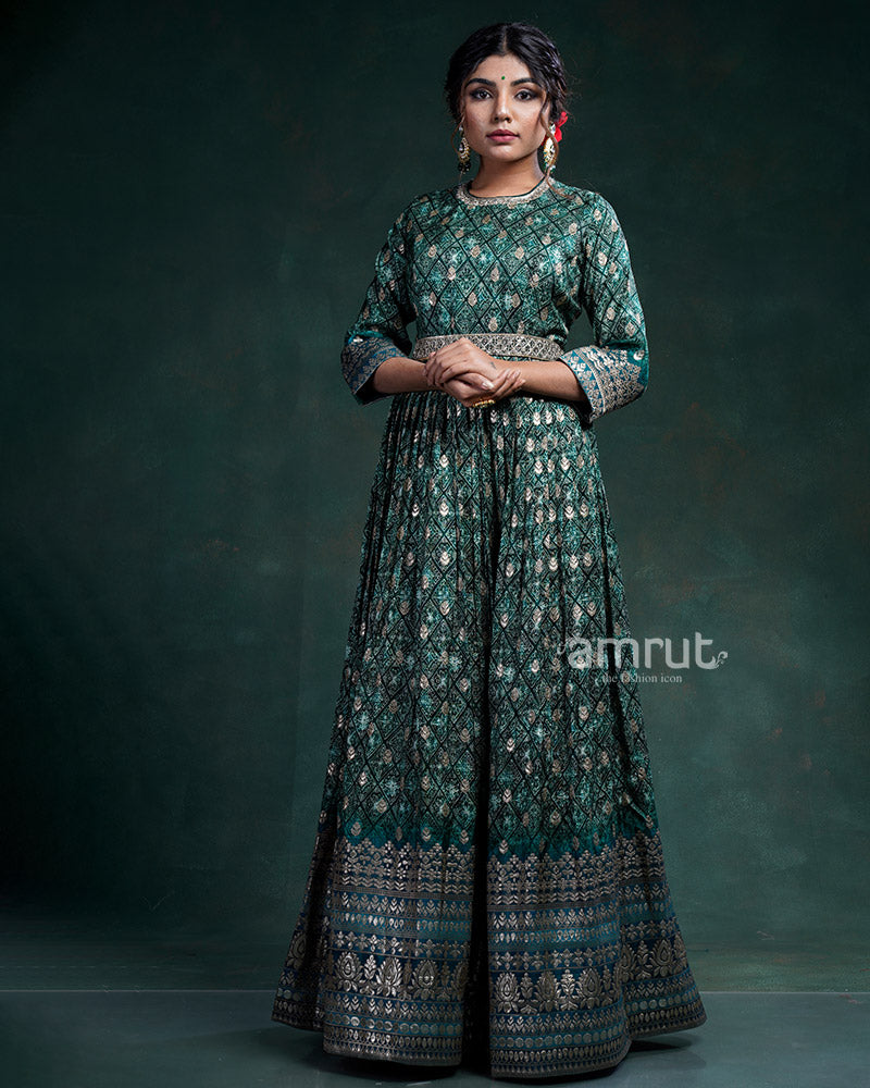 Deep Teal Green Gown With Zari and Sequins Embroidered Butta