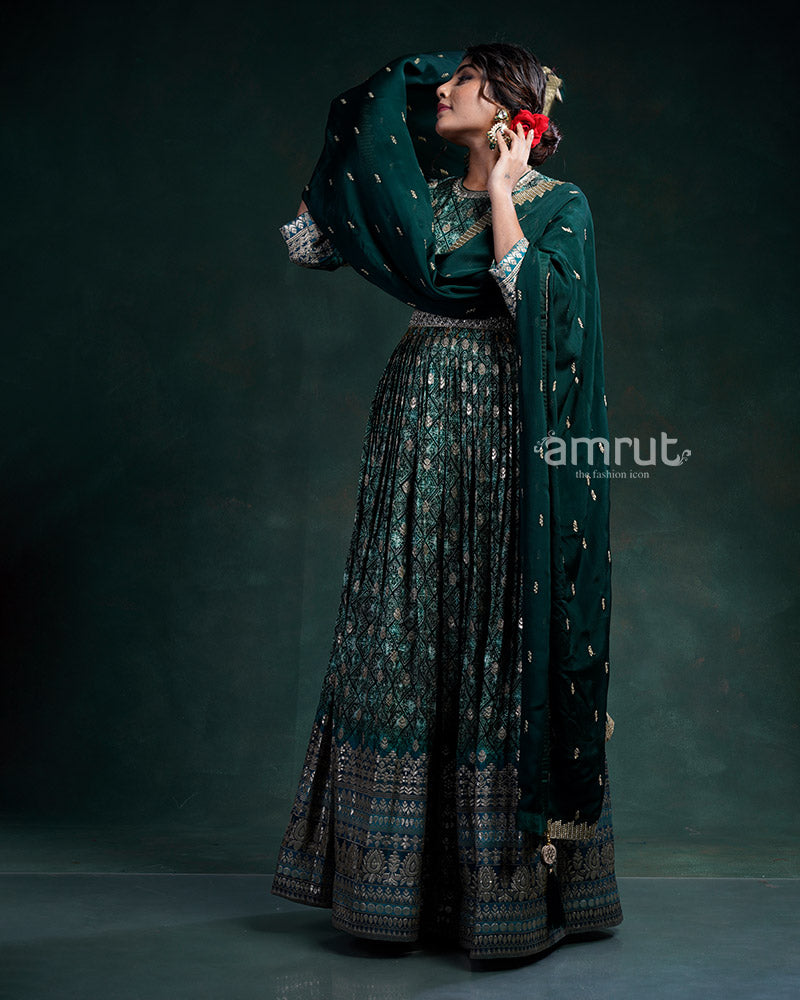 Deep Teal Green Gown With Zari and Sequins Embroidered Butta