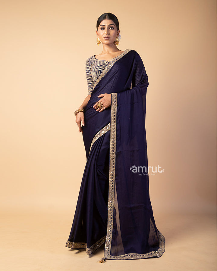 Deep Violet Georgette Saree With Embroidered Stitched Blouse