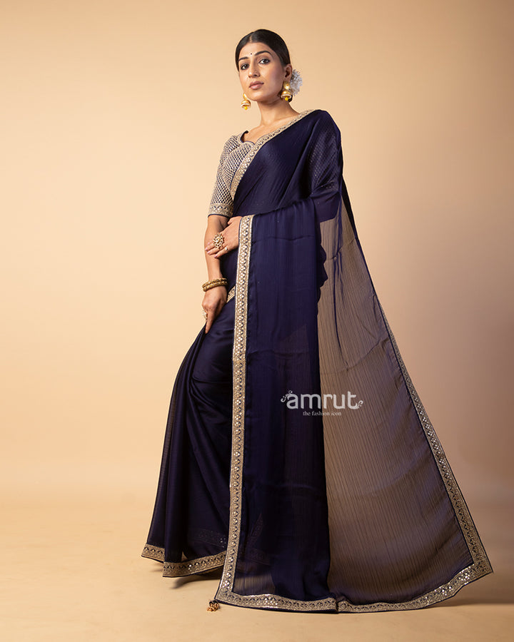 Deep Violet Saree With Embroidered Stitched Blouse