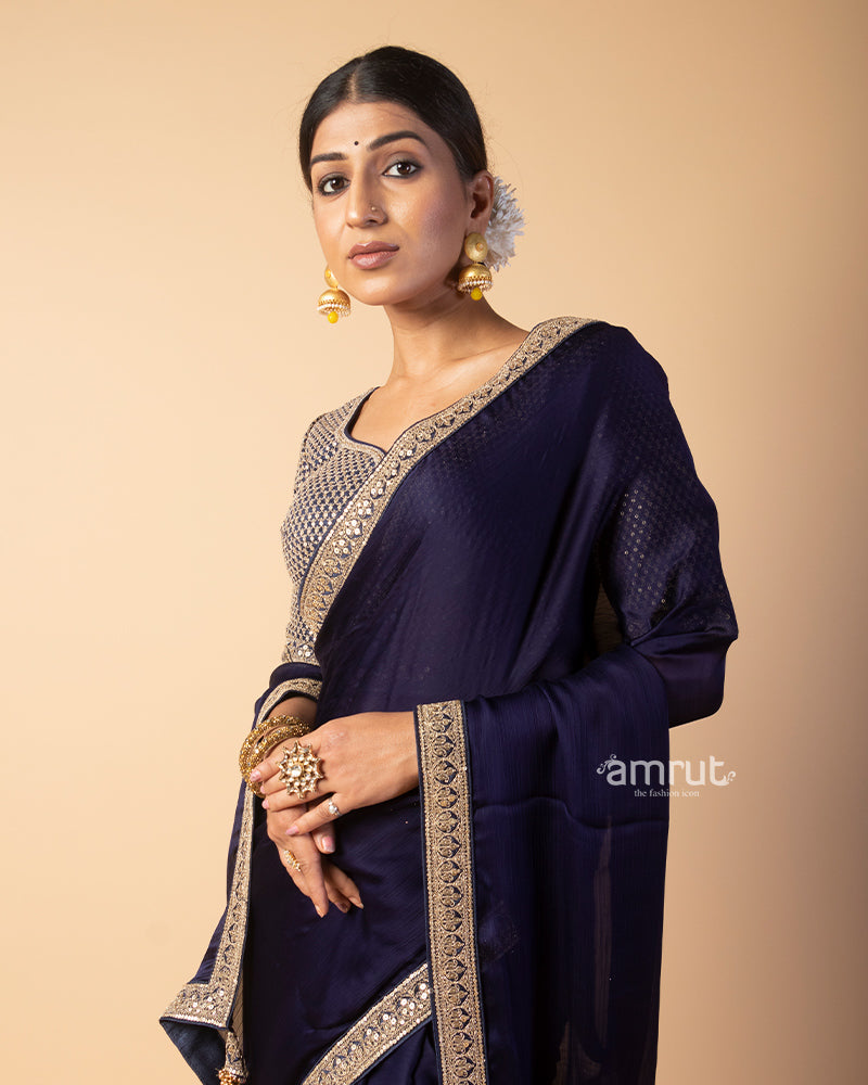 Deep Violet Saree With Embroidered Stitched Blouse