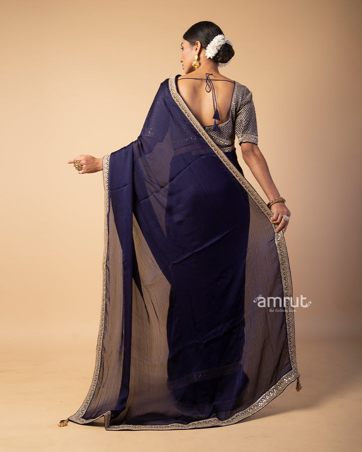 Deep Violet Georgette Saree With Embroidered Stitched Blouse