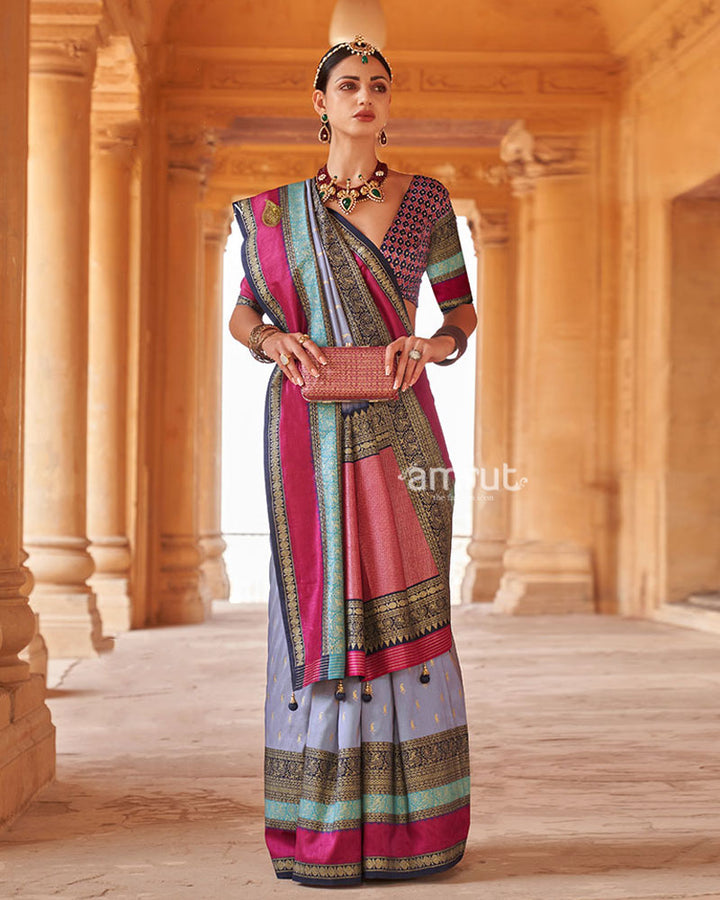 Deep Blue and  Pink Border Printed Patola Silk Saree with Unstitched Blouse 01