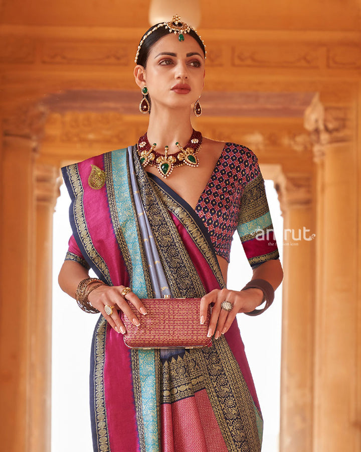 Deep Blue and  Pink Border Printed Patola Silk Saree with Unstitched Blouse 02