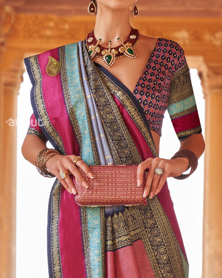Deep Blue and  Pink Border Printed Patola Silk Saree with Unstitched Blouse 03