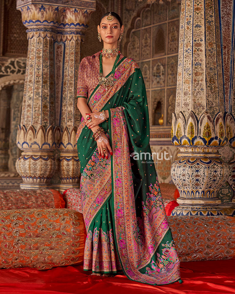 Deep Forest Green with Floral Motifs Printed Border Saree and Unstitched Blouse 01