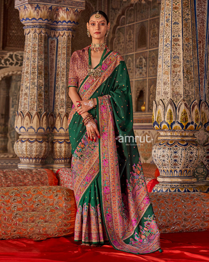 Deep Forest Green with Floral Motifs Printed Border Saree and Unstitched Blouse 01