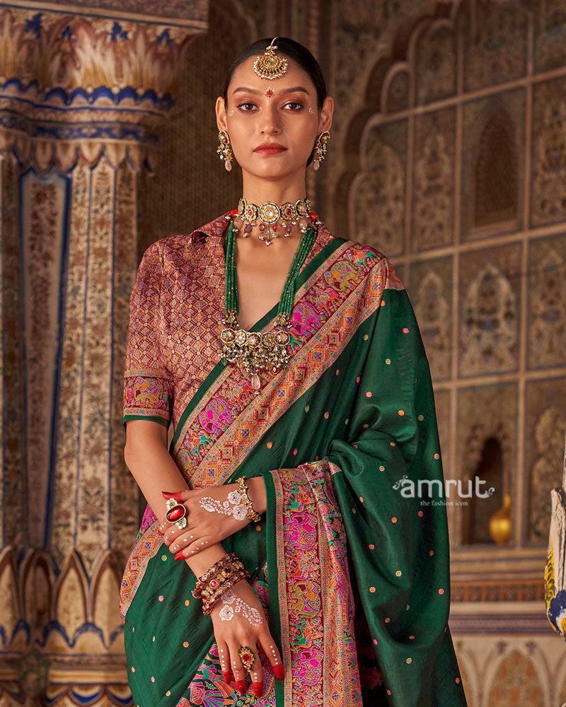 Deep Forest Green with Floral Motifs Printed Border Saree and Unstitched Blouse 02