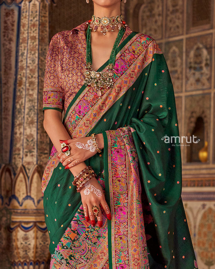 Deep Forest Green with Floral Motifs Printed Border Saree and Unstitched Blouse 03