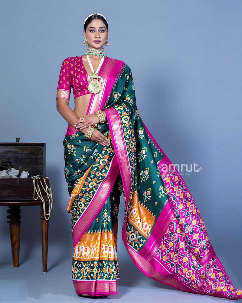 Deep Green Patola Printed Viscose Silk Saree with Pink Border and Unstitched Blouse 01