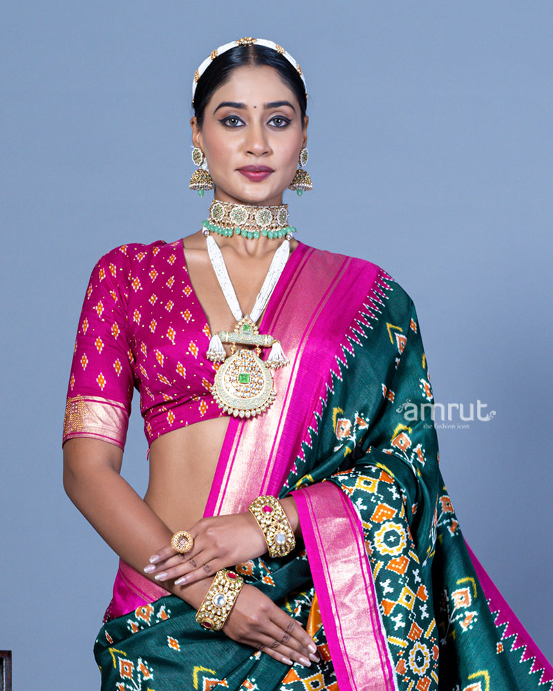 Deep Green Patola Printed Viscose Silk Saree with Pink Border and Unstitched Blouse 02