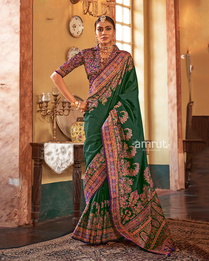 Deep Green Saree with Multicolored Paisley Print and Unstitched Blouse 01