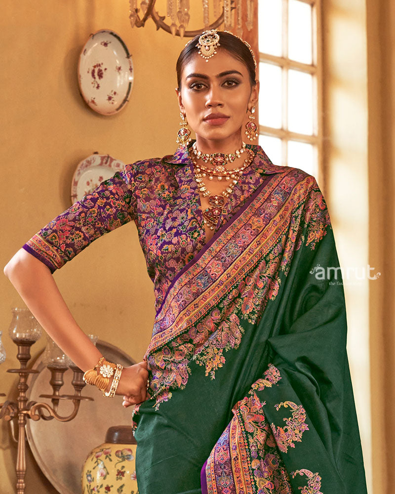 Deep Green Saree with Multicolored Paisley Print and Unstitched Blouse 02
