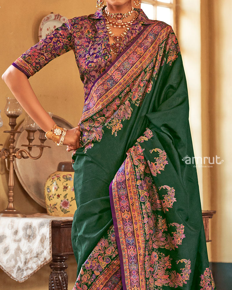Deep Green Saree with Multicolored Paisley Print and Unstitched Blouse 03