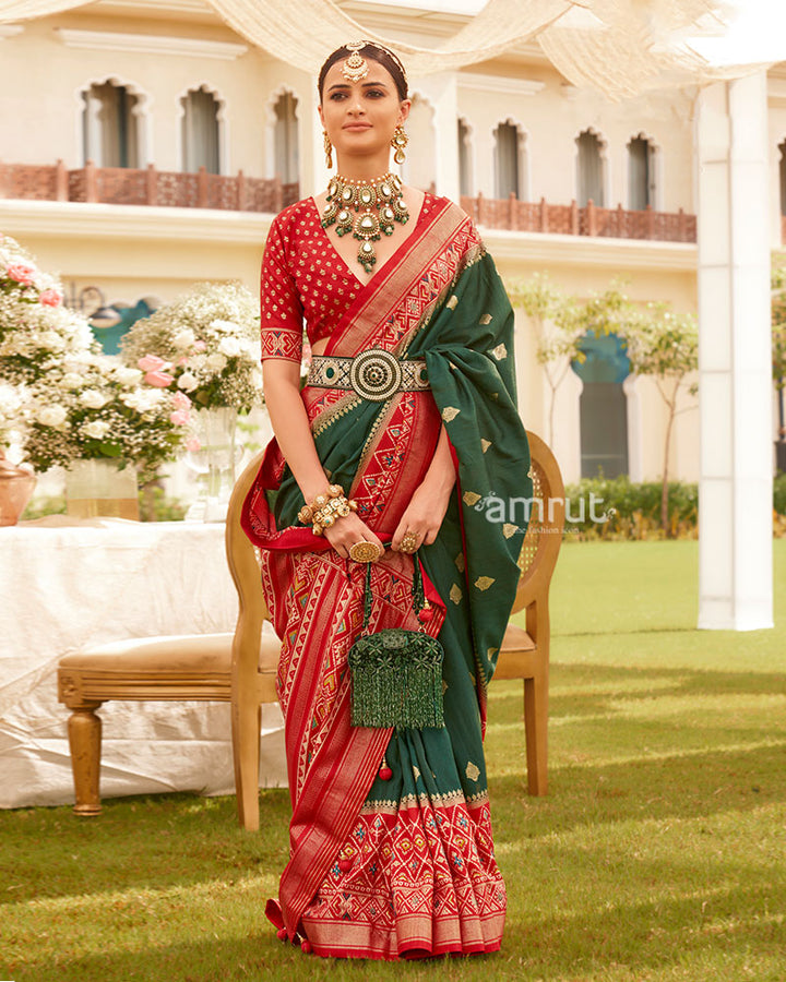 Deep Green and Red Border Silk Saree with Unstitched Blouse and Belt 01