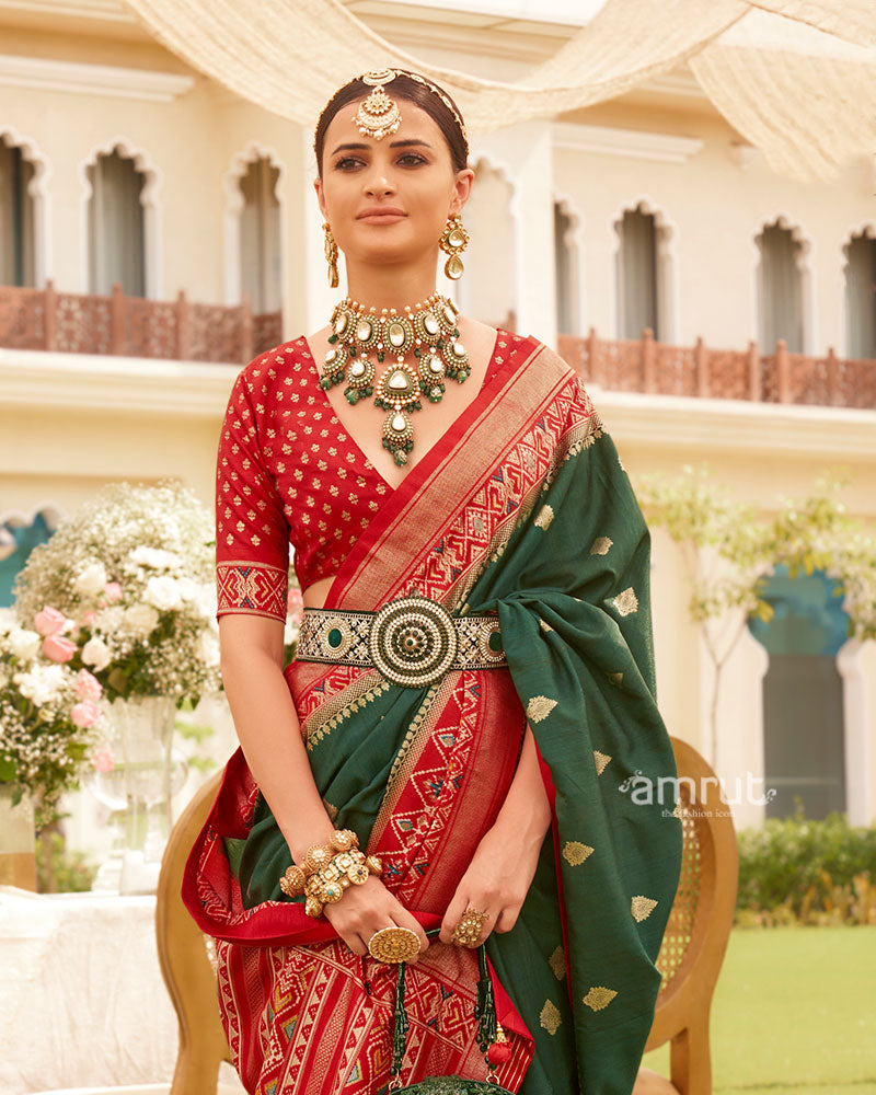 Deep Green and Red Border Silk Saree with Unstitched Blouse and Belt 02