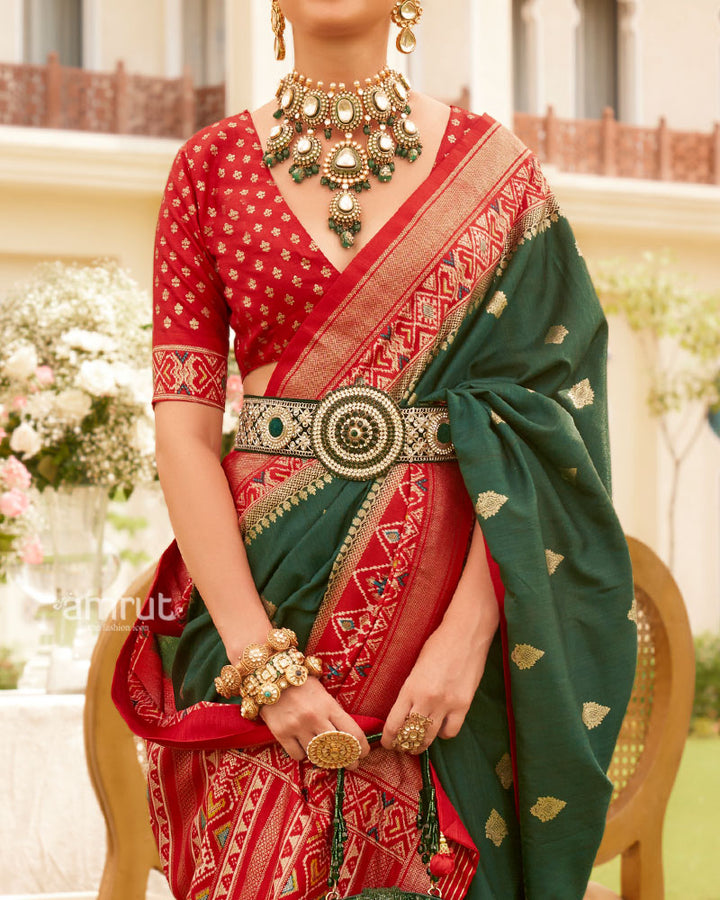 Deep Green and Red Border Silk Saree with Unstitched Blouse and Belt 03